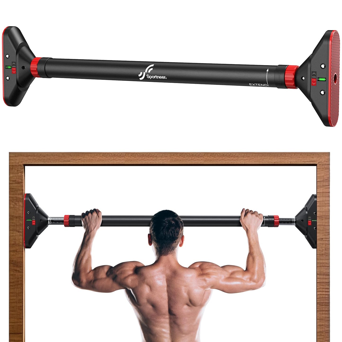 Klimmzugstange Türrahmen, Sportneer Pull Up Bar Tragkraft bis 200 Kg, Reckstange Ohne Schrauben 75-94 cm Ausziehbar, Türreck mit 16,5x4,5 cm PVC-Matten & Neues 360° Drehbares Zahnradschloss