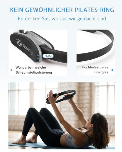 LIONSCOOL Pilates-Ring-Set – 14“/35cm Magic Circle mit Doppelgriffen – Inkl. platzfestem Miniball, Widerstandsbändern, Anleitung und Tasche