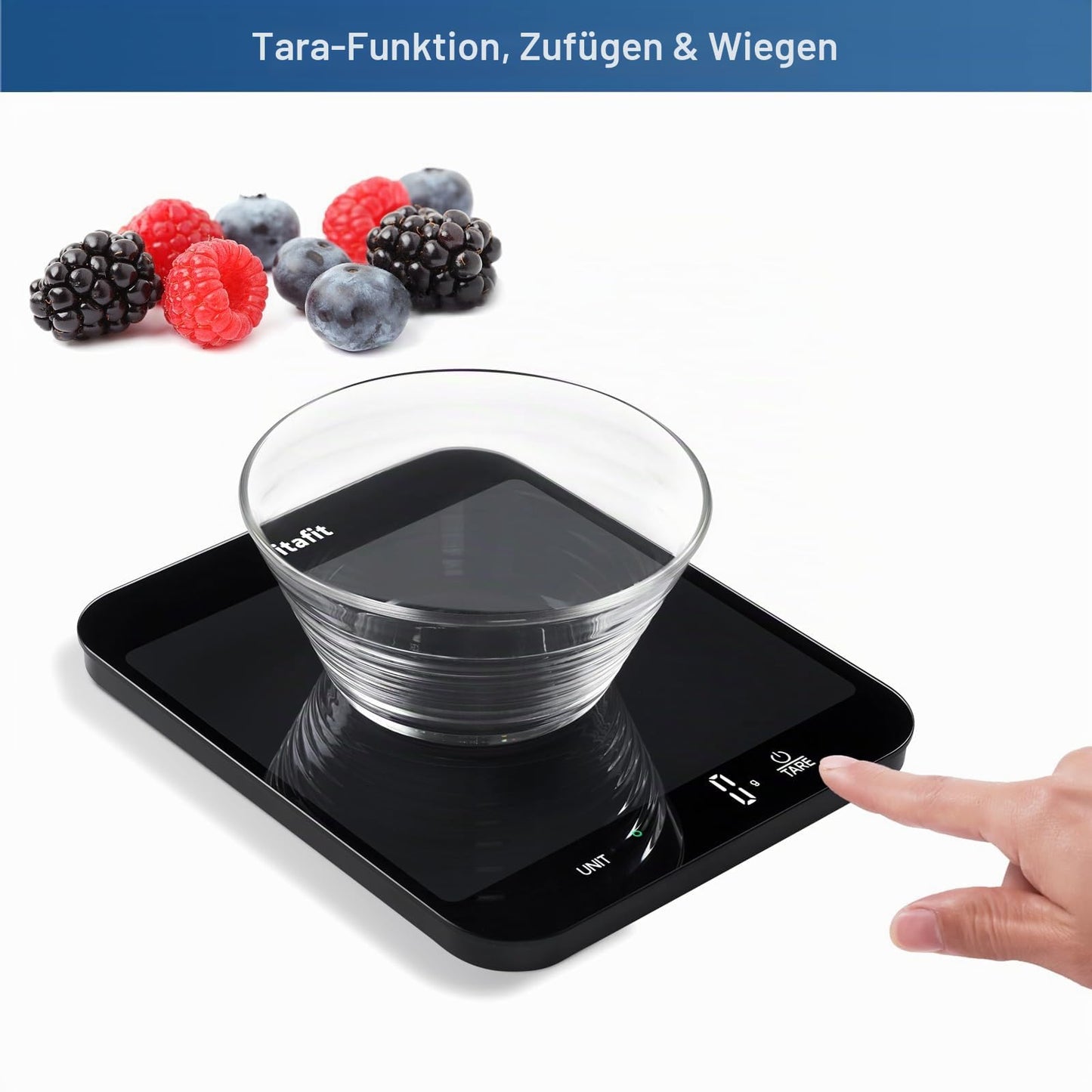 Vitafit 15kg Küchenwaage, Genauigkeit 1g durch Unser Professionelle Waagenfabrik Seit 2001,LFGB-Zulassung Waage Küche Digital zum Kochen und Backen, Große Plattform 215x180mm, 3 AAA-Batterien, Schwarz