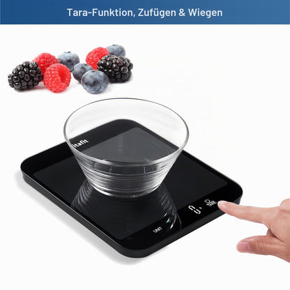 Vitafit 15kg Küchenwaage, Genauigkeit 1g durch Unser Professionelle Waagenfabrik Seit 2001,LFGB-Zulassung Waage Küche Digital zum Kochen und Backen, Große Plattform 215x180mm, 3 AAA-Batterien, Schwarz