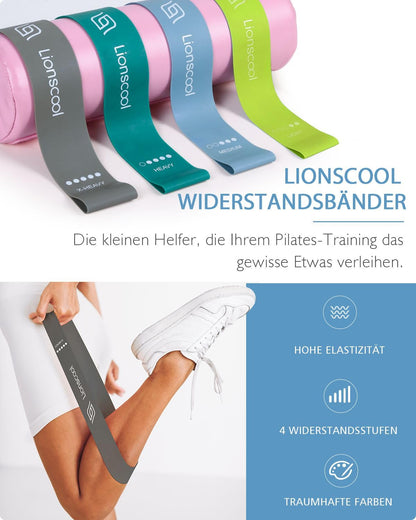 LIONSCOOL Pilates-Ring-Set – 14“/35cm Magic Circle mit Doppelgriffen – Inkl. platzfestem Miniball, Widerstandsbändern, Anleitung und Tasche