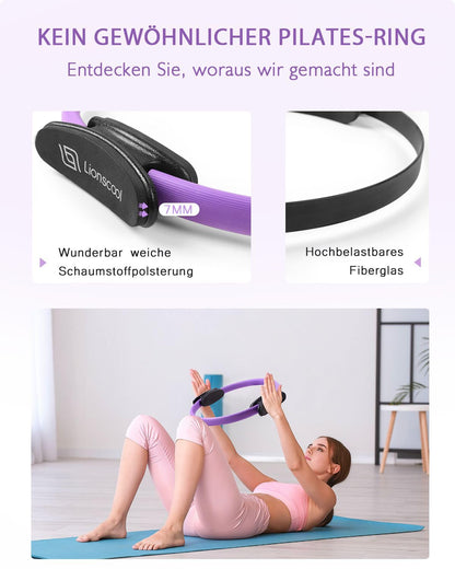 LIONSCOOL Pilates-Ring-Set – 14“/35cm Magic Circle mit Doppelgriffen – Inkl. platzfestem Miniball, Widerstandsbändern, Anleitung und Tasche