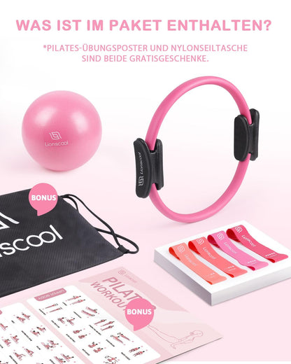LIONSCOOL Pilates-Ring-Set – 14“/35cm Magic Circle mit Doppelgriffen – Inkl. platzfestem Miniball, Widerstandsbändern, Anleitung und Tasche