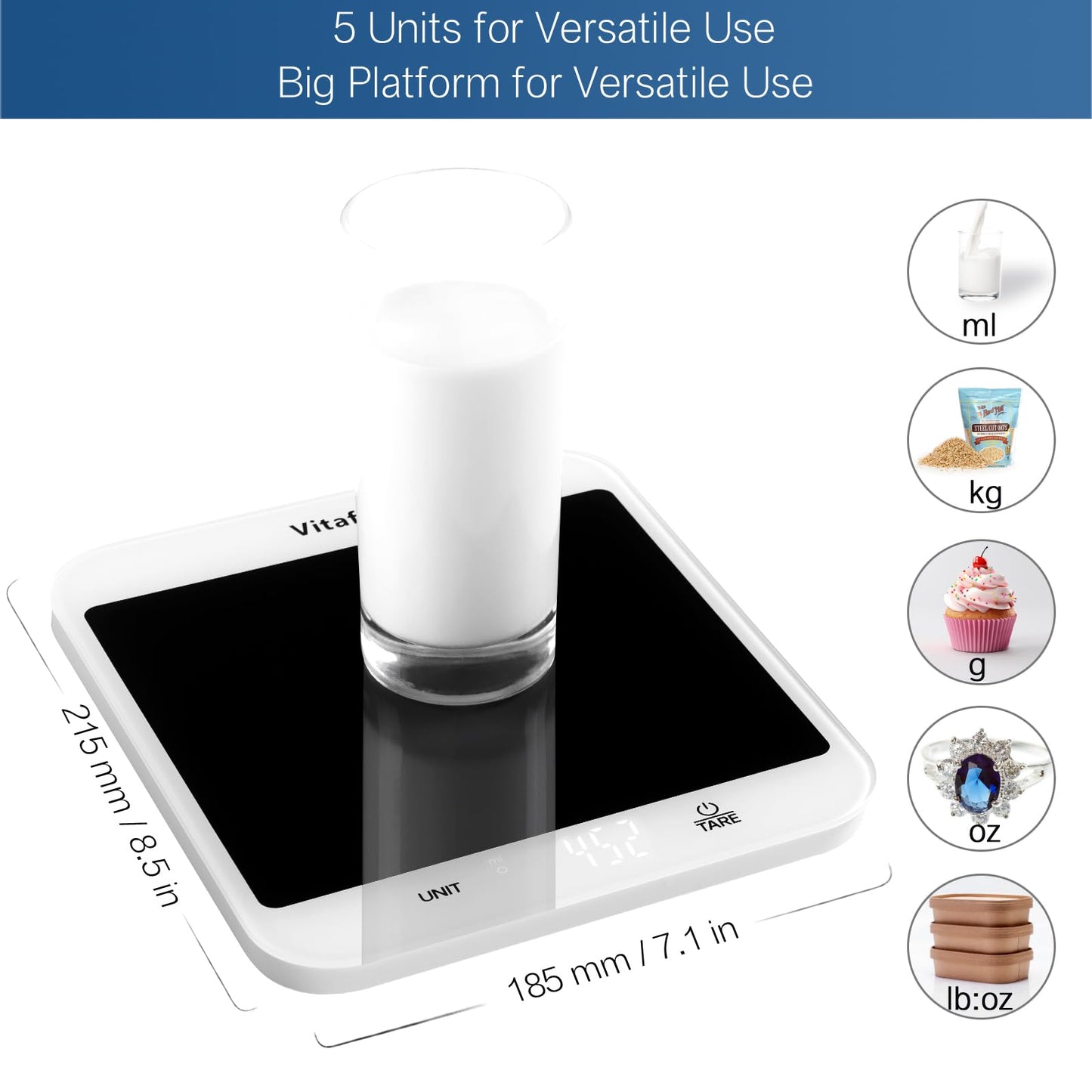 Vitafit 15kg Küchenwaage, Genauigkeit 1g durch Unser Professionelle Waagenfabrik Seit 2001,LFGB-Zulassung Waage Küche Digital zum Kochen und Backen, Große Plattform 215x180mm, 3 AAA-Batterien, Schwarz