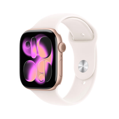 Apple Watch Series 11 GPS 42 mm Smartwatch mit Aluminiumgehäuse in Roségold und Sportarmband in Blassrosa (M/L). Schlafindex, Fitnesstracker, Gesundheitstracking, Always-On Display, Wasserschutz