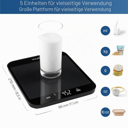 Vitafit 15kg Küchenwaage, Genauigkeit 1g durch Unser Professionelle Waagenfabrik Seit 2001,LFGB-Zulassung Waage Küche Digital zum Kochen und Backen, Große Plattform 215x180mm, 3 AAA-Batterien, Schwarz