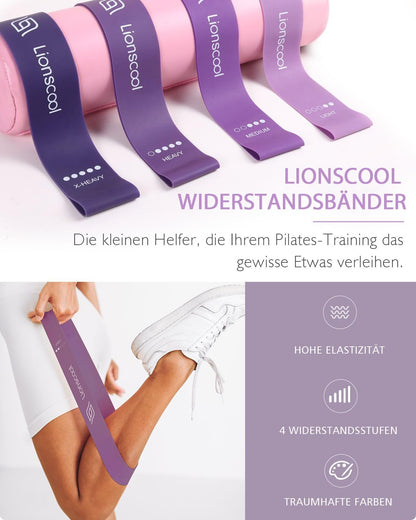 LIONSCOOL Pilates-Ring-Set – 14“/35cm Magic Circle mit Doppelgriffen – Inkl. platzfestem Miniball, Widerstandsbändern, Anleitung und Tasche