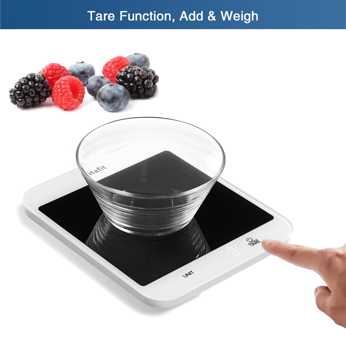 Vitafit 15kg Küchenwaage, Genauigkeit 1g durch Unser Professionelle Waagenfabrik Seit 2001,LFGB-Zulassung Waage Küche Digital zum Kochen und Backen, Große Plattform 215x180mm, 3 AAA-Batterien, Schwarz