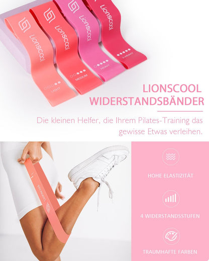 LIONSCOOL Pilates-Ring-Set – 14“/35cm Magic Circle mit Doppelgriffen – Inkl. platzfestem Miniball, Widerstandsbändern, Anleitung und Tasche