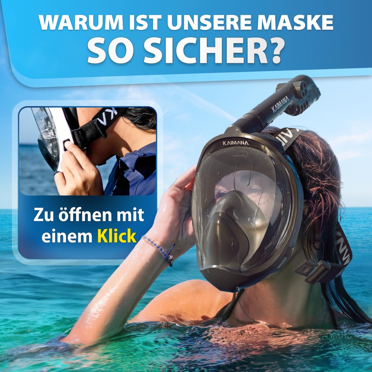 Die Preisgekrönte KAIMANA® Schnorchelmaske für Erwachsene & Kinder - absolut CO2 sicher - inkl. Tragetasche - Tauchermaske Erwachsene - Vollgesichtsmaske Tauchmaske