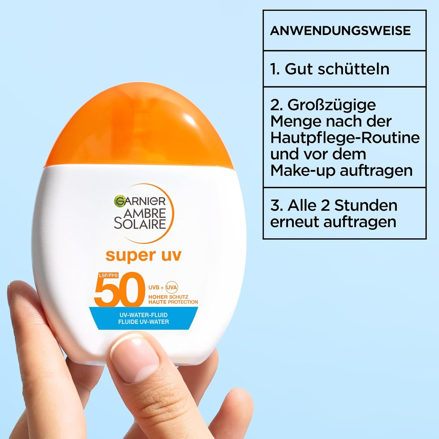 Garnier Ambre Solaire Sensitive Expert + Hydrating UV Water Sonnenschutzspray LSF 50 – Sonnen-Spray für Körper, Gesicht, Kopfhaut & Haare – Wasserfest, sandresistent & nicht fettend – 150ml