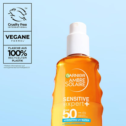 Garnier Ambre Solaire Sensitive Expert + Hydrating UV Water Sonnenschutzspray LSF 50 – Sonnen-Spray für Körper, Gesicht, Kopfhaut & Haare – Wasserfest, sandresistent & nicht fettend – 150ml