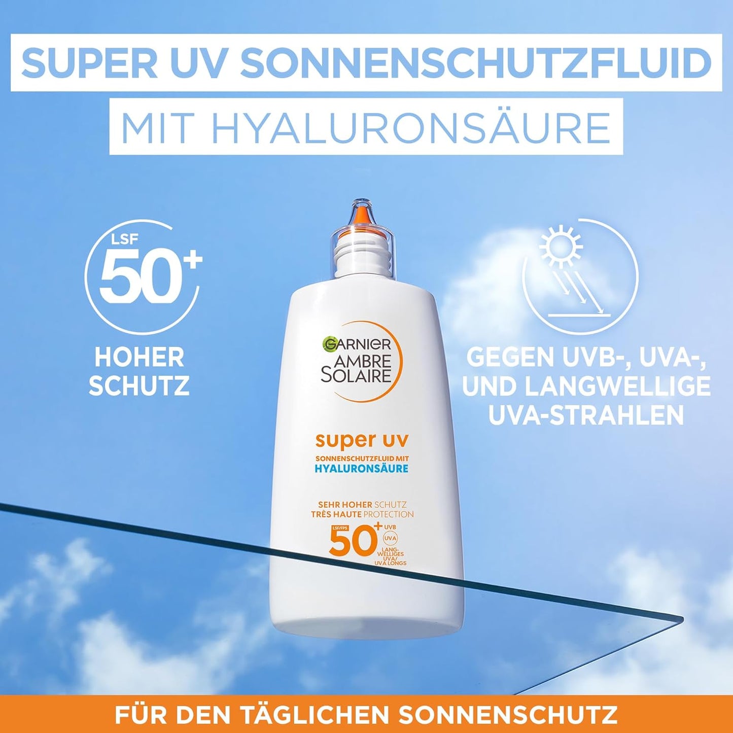 Garnier Ambre Solaire Sensitive Expert + Hydrating UV Water Sonnenschutzspray LSF 50 – Sonnen-Spray für Körper, Gesicht, Kopfhaut & Haare – Wasserfest, sandresistent & nicht fettend – 150ml