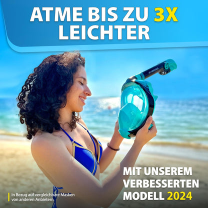 Die Preisgekrönte KAIMANA® Schnorchelmaske für Erwachsene & Kinder - absolut CO2 sicher - inkl. Tragetasche - Tauchermaske Erwachsene - Vollgesichtsmaske Tauchmaske