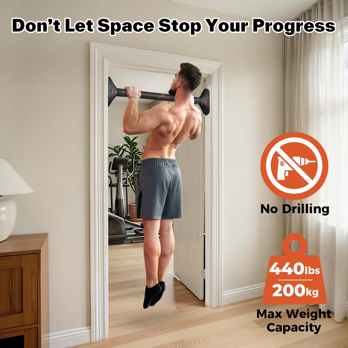 Klimmzugstange Türrahmen, Sportneer Pull Up Bar Tragkraft bis 200 Kg, Reckstange Ohne Schrauben 75-94 cm Ausziehbar, Türreck mit 16,5x4,5 cm PVC-Matten & Neues 360° Drehbares Zahnradschloss