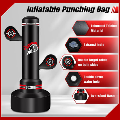 NZQXJXZ Verbesserter Boxsack Stehend für Erwachsene, 180cm Schwerer Boxsack mit Boxhandschuhen, Pumpe, Springseil und Reflexball, aufblasbarer Standboxsack für Männer zum Training von MMA, Fitness