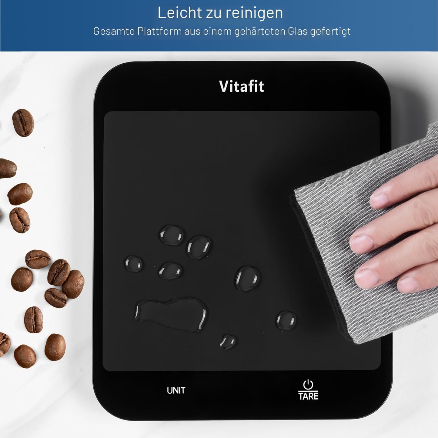 Vitafit 15kg Küchenwaage, Genauigkeit 1g durch Unser Professionelle Waagenfabrik Seit 2001,LFGB-Zulassung Waage Küche Digital zum Kochen und Backen, Große Plattform 215x180mm, 3 AAA-Batterien, Schwarz