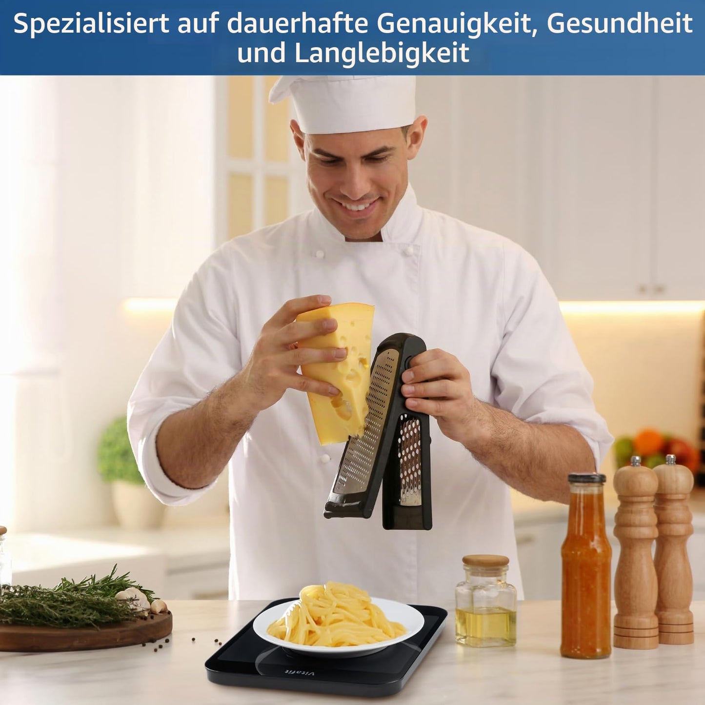 Vitafit 15kg Küchenwaage, Genauigkeit 1g durch Unser Professionelle Waagenfabrik Seit 2001,LFGB-Zulassung Waage Küche Digital zum Kochen und Backen, Große Plattform 215x180mm, 3 AAA-Batterien, Schwarz