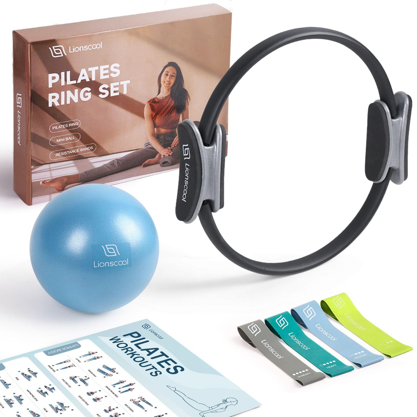 LIONSCOOL Pilates-Ring-Set – 14“/35cm Magic Circle mit Doppelgriffen – Inkl. platzfestem Miniball, Widerstandsbändern, Anleitung und Tasche