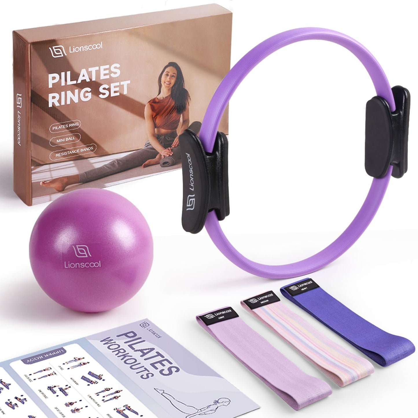 LIONSCOOL Pilates-Ring-Set – 14“/35cm Magic Circle mit Doppelgriffen – Inkl. platzfestem Miniball, Widerstandsbändern, Anleitung und Tasche