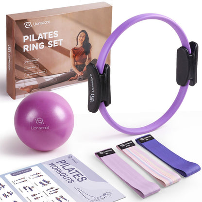 LIONSCOOL Pilates-Ring-Set – 14“/35cm Magic Circle mit Doppelgriffen – Inkl. platzfestem Miniball, Widerstandsbändern, Anleitung und Tasche