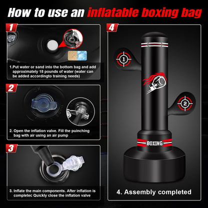 NZQXJXZ Verbesserter Boxsack Stehend für Erwachsene, 180cm Schwerer Boxsack mit Boxhandschuhen, Pumpe, Springseil und Reflexball, aufblasbarer Standboxsack für Männer zum Training von MMA, Fitness