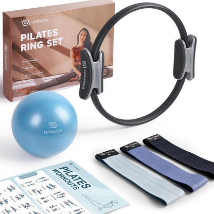 LIONSCOOL Pilates-Ring-Set – 14“/35cm Magic Circle mit Doppelgriffen – Inkl. platzfestem Miniball, Widerstandsbändern, Anleitung und Tasche