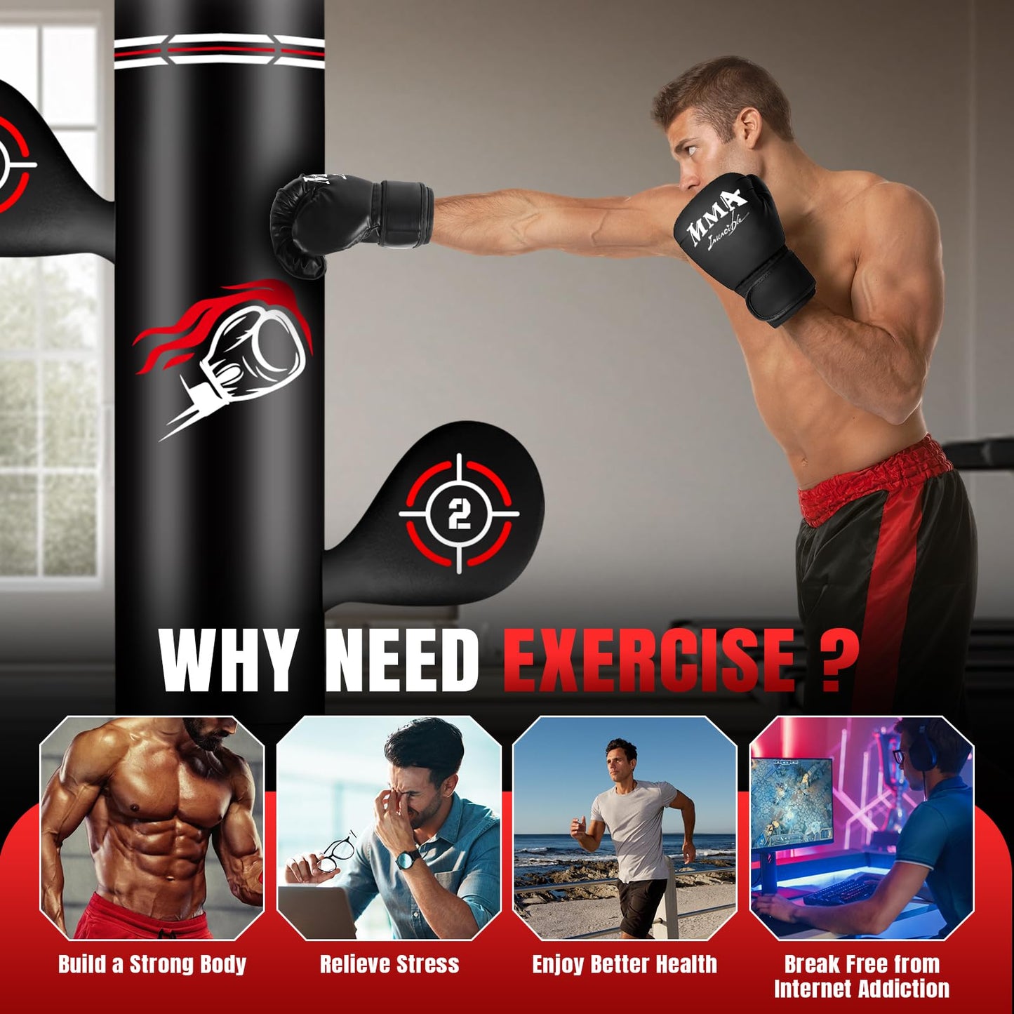 NZQXJXZ Verbesserter Boxsack Stehend für Erwachsene, 180cm Schwerer Boxsack mit Boxhandschuhen, Pumpe, Springseil und Reflexball, aufblasbarer Standboxsack für Männer zum Training von MMA, Fitness