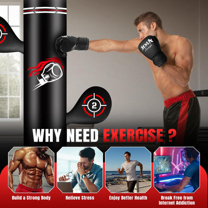 NZQXJXZ Verbesserter Boxsack Stehend für Erwachsene, 180cm Schwerer Boxsack mit Boxhandschuhen, Pumpe, Springseil und Reflexball, aufblasbarer Standboxsack für Männer zum Training von MMA, Fitness