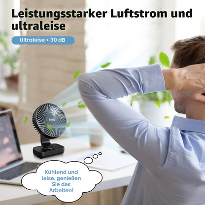 Tischventilator Oszillierend 4500mAh Leise&Starkem Luftstrom Akku Ventilator, 4 Geschwindigkeiten 2A Eingang Schnellladung Digitalanzeige 5.5'' Tragbar USB Ventilator für Büro Zuhause Freien