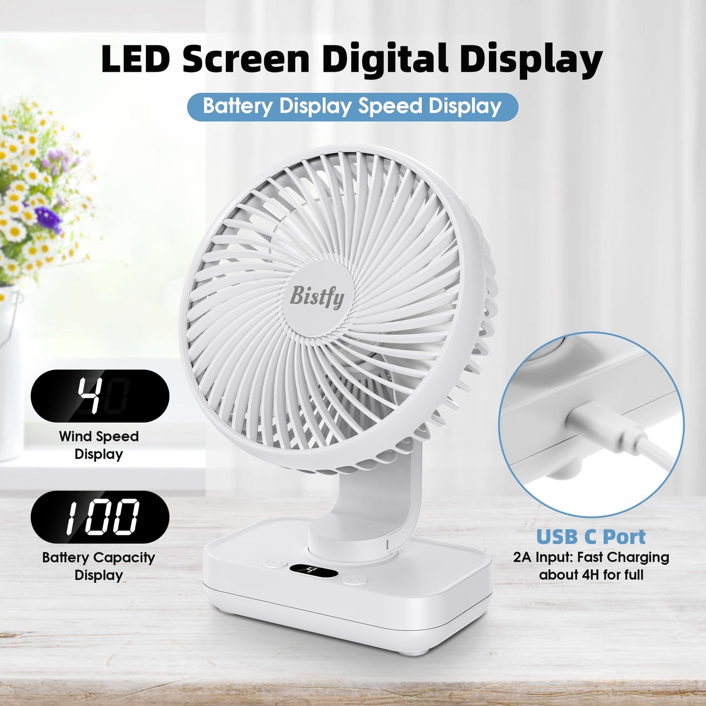Tischventilator Oszillierend 4500mAh Leise&Starkem Luftstrom Akku Ventilator, 4 Geschwindigkeiten 2A Eingang Schnellladung Digitalanzeige 5.5'' Tragbar USB Ventilator für Büro Zuhause Freien