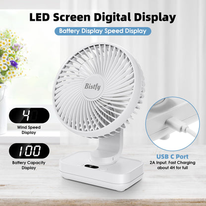 Tischventilator Oszillierend 4500mAh Leise&Starkem Luftstrom Akku Ventilator, 4 Geschwindigkeiten 2A Eingang Schnellladung Digitalanzeige 5.5'' Tragbar USB Ventilator für Büro Zuhause Freien