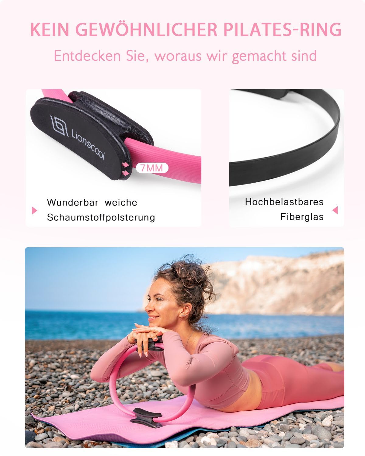 LIONSCOOL Pilates-Ring-Set – 14“/35cm Magic Circle mit Doppelgriffen – Inkl. platzfestem Miniball, Widerstandsbändern, Anleitung und Tasche