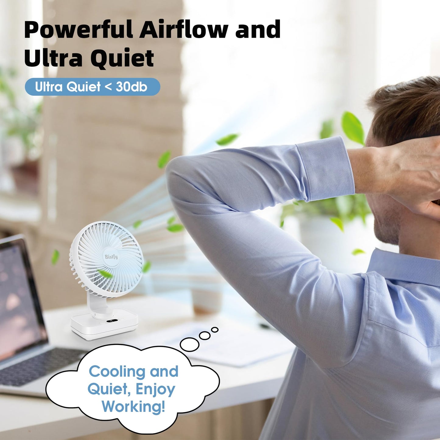 Tischventilator Oszillierend 4500mAh Leise&Starkem Luftstrom Akku Ventilator, 4 Geschwindigkeiten 2A Eingang Schnellladung Digitalanzeige 5.5'' Tragbar USB Ventilator für Büro Zuhause Freien
