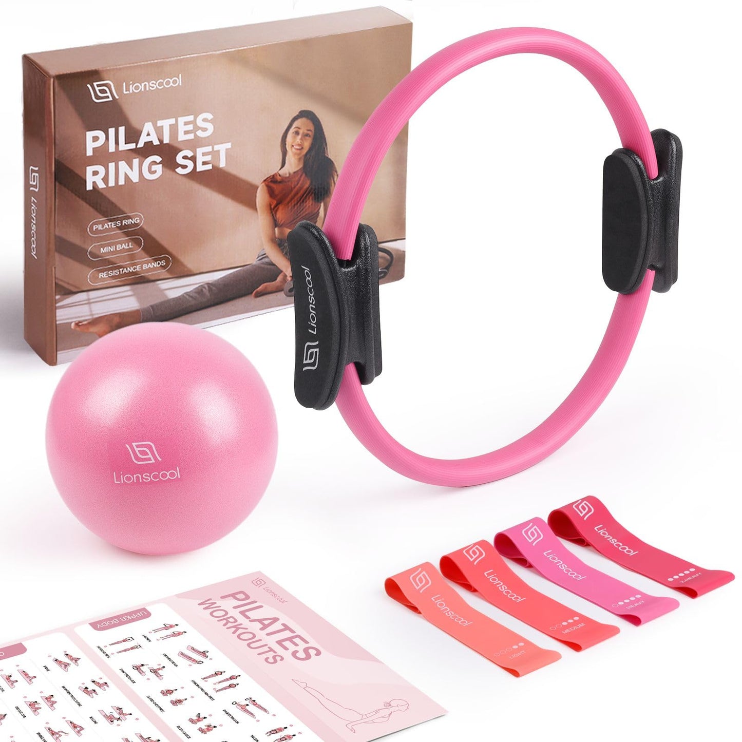 LIONSCOOL Pilates-Ring-Set – 14“/35cm Magic Circle mit Doppelgriffen – Inkl. platzfestem Miniball, Widerstandsbändern, Anleitung und Tasche