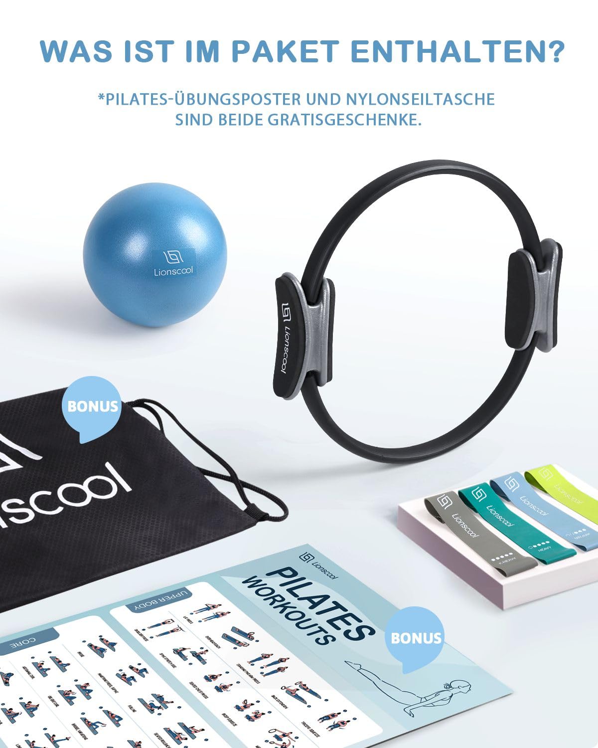 LIONSCOOL Pilates-Ring-Set – 14“/35cm Magic Circle mit Doppelgriffen – Inkl. platzfestem Miniball, Widerstandsbändern, Anleitung und Tasche