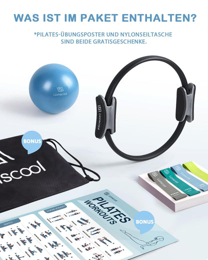 LIONSCOOL Pilates-Ring-Set – 14“/35cm Magic Circle mit Doppelgriffen – Inkl. platzfestem Miniball, Widerstandsbändern, Anleitung und Tasche