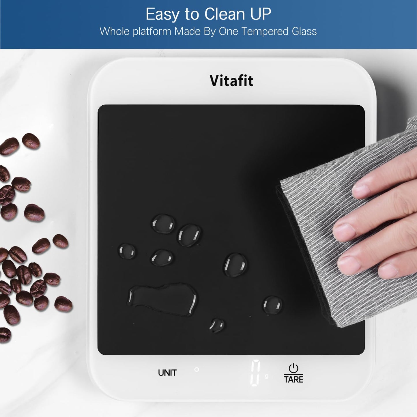 Vitafit 15kg Küchenwaage, Genauigkeit 1g durch Unser Professionelle Waagenfabrik Seit 2001,LFGB-Zulassung Waage Küche Digital zum Kochen und Backen, Große Plattform 215x180mm, 3 AAA-Batterien, Schwarz