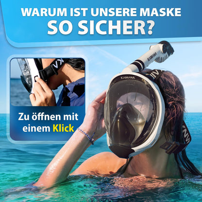 Die Preisgekrönte KAIMANA® Schnorchelmaske für Erwachsene & Kinder - absolut CO2 sicher - inkl. Tragetasche - Tauchermaske Erwachsene - Vollgesichtsmaske Tauchmaske