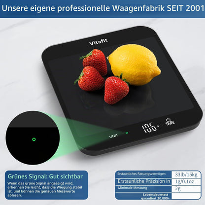 Vitafit 15kg Küchenwaage, Genauigkeit 1g durch Unser Professionelle Waagenfabrik Seit 2001,LFGB-Zulassung Waage Küche Digital zum Kochen und Backen, Große Plattform 215x180mm, 3 AAA-Batterien, Schwarz