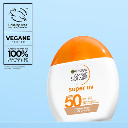 Garnier Ambre Solaire Sensitive Expert + Hydrating UV Water Sonnenschutzspray LSF 50 – Sonnen-Spray für Körper, Gesicht, Kopfhaut & Haare – Wasserfest, sandresistent & nicht fettend – 150ml