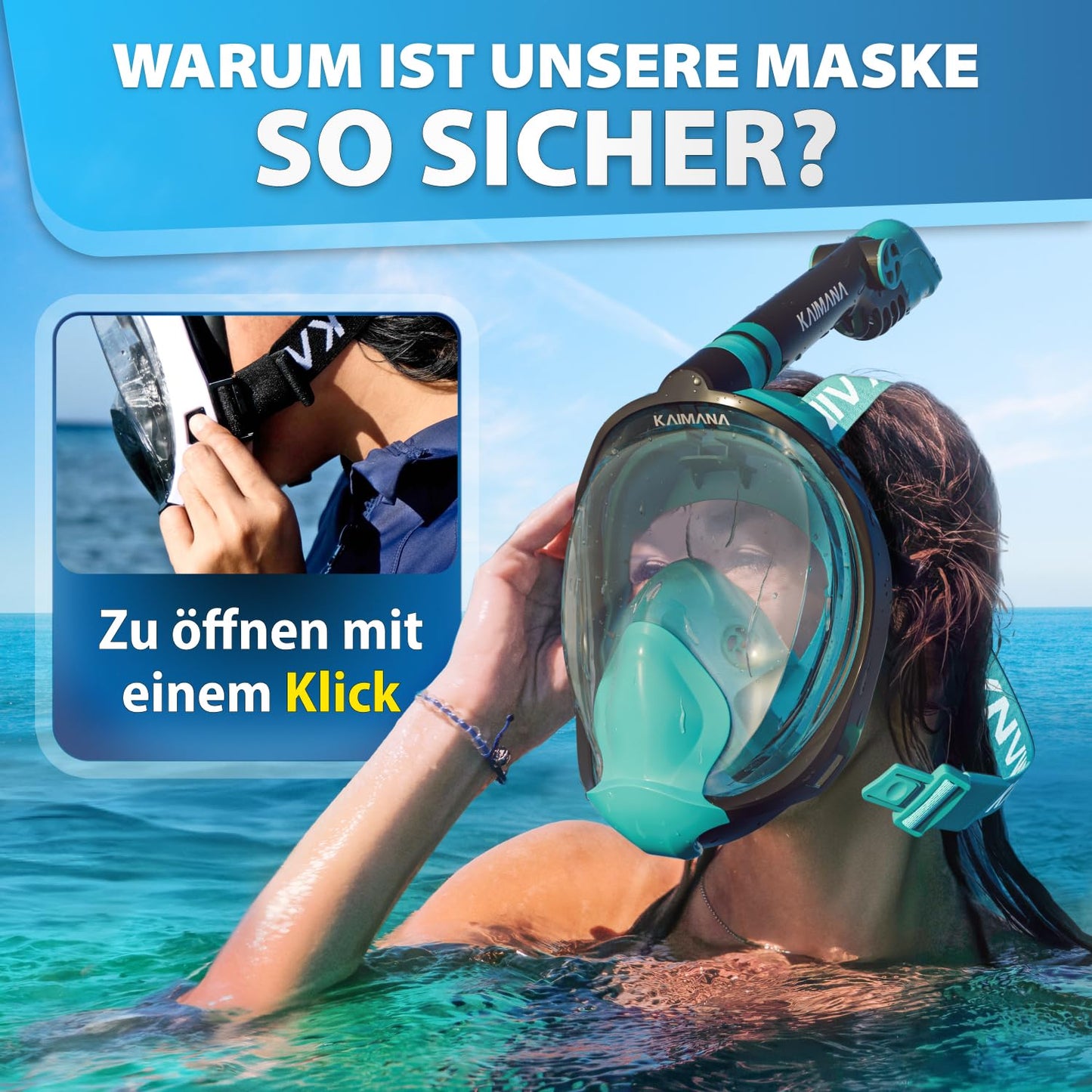 Die Preisgekrönte KAIMANA® Schnorchelmaske für Erwachsene & Kinder - absolut CO2 sicher - inkl. Tragetasche - Tauchermaske Erwachsene - Vollgesichtsmaske Tauchmaske