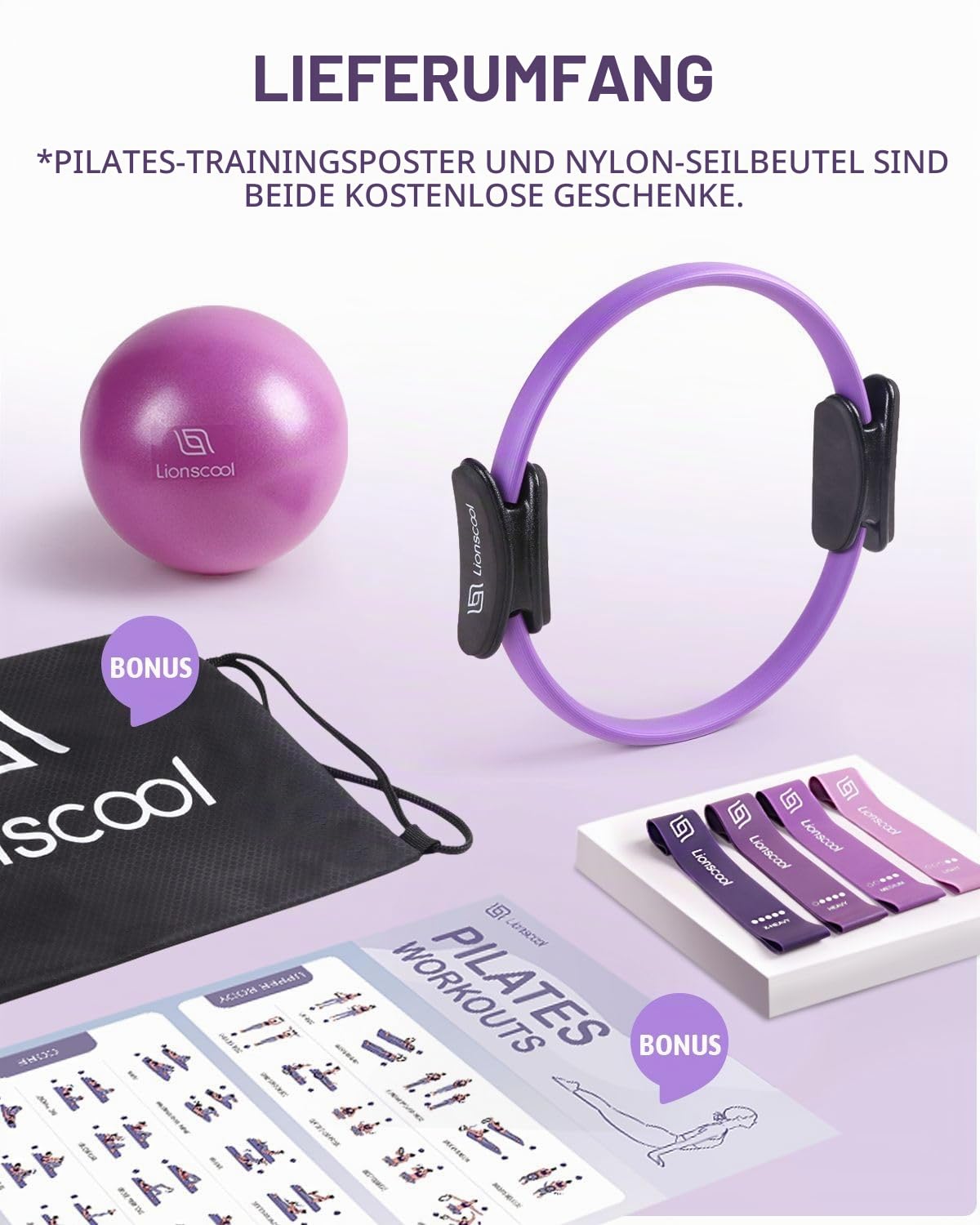 LIONSCOOL Pilates-Ring-Set – 14“/35cm Magic Circle mit Doppelgriffen – Inkl. platzfestem Miniball, Widerstandsbändern, Anleitung und Tasche