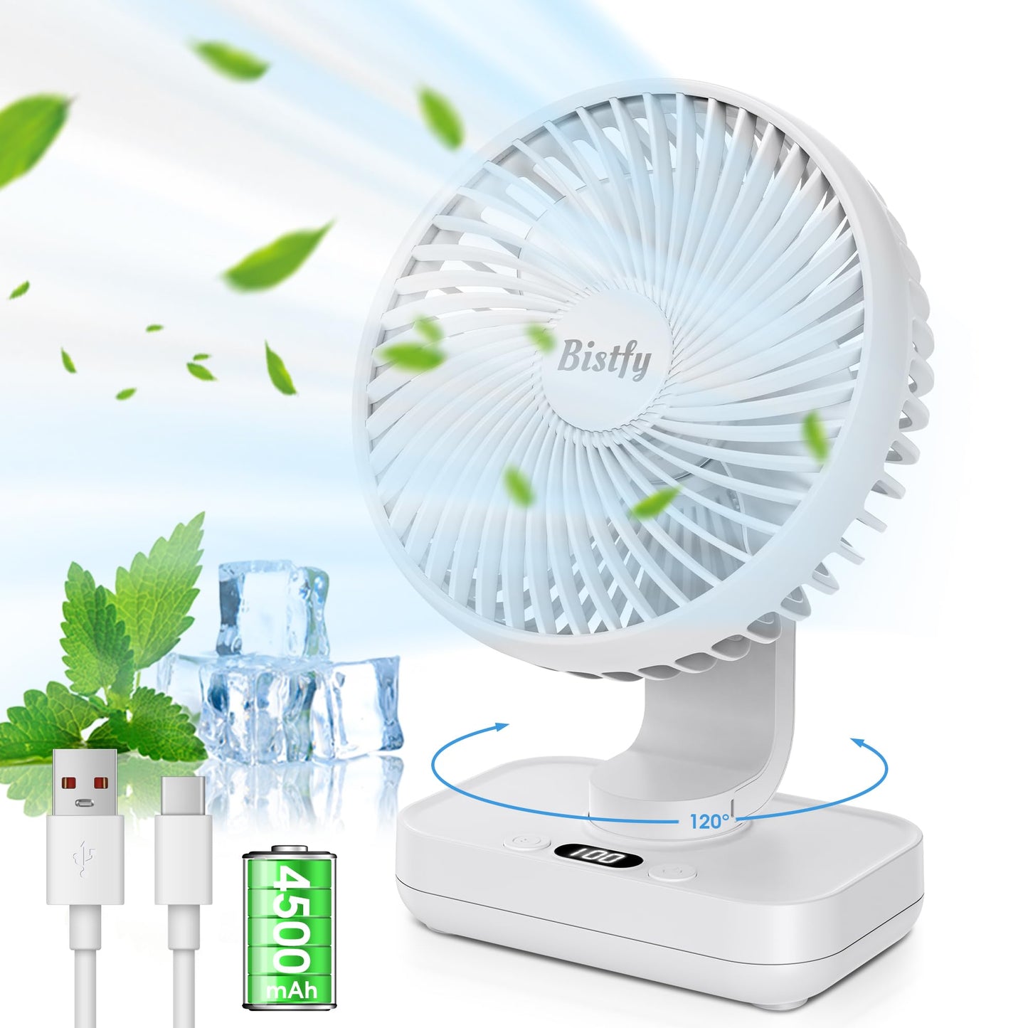 Tischventilator Oszillierend 4500mAh Leise&Starkem Luftstrom Akku Ventilator, 4 Geschwindigkeiten 2A Eingang Schnellladung Digitalanzeige 5.5'' Tragbar USB Ventilator für Büro Zuhause Freien