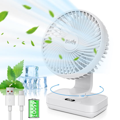 Tischventilator Oszillierend 4500mAh Leise&Starkem Luftstrom Akku Ventilator, 4 Geschwindigkeiten 2A Eingang Schnellladung Digitalanzeige 5.5'' Tragbar USB Ventilator für Büro Zuhause Freien