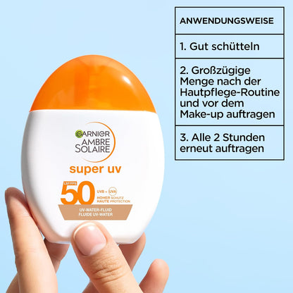 Garnier Ambre Solaire Sensitive Expert + Hydrating UV Water Sonnenschutzspray LSF 50 – Sonnen-Spray für Körper, Gesicht, Kopfhaut & Haare – Wasserfest, sandresistent & nicht fettend – 150ml