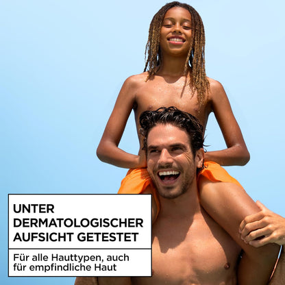 Garnier Ambre Solaire Sensitive Expert + Hydrating UV Water Sonnenschutzspray LSF 50 – Sonnen-Spray für Körper, Gesicht, Kopfhaut & Haare – Wasserfest, sandresistent & nicht fettend – 150ml