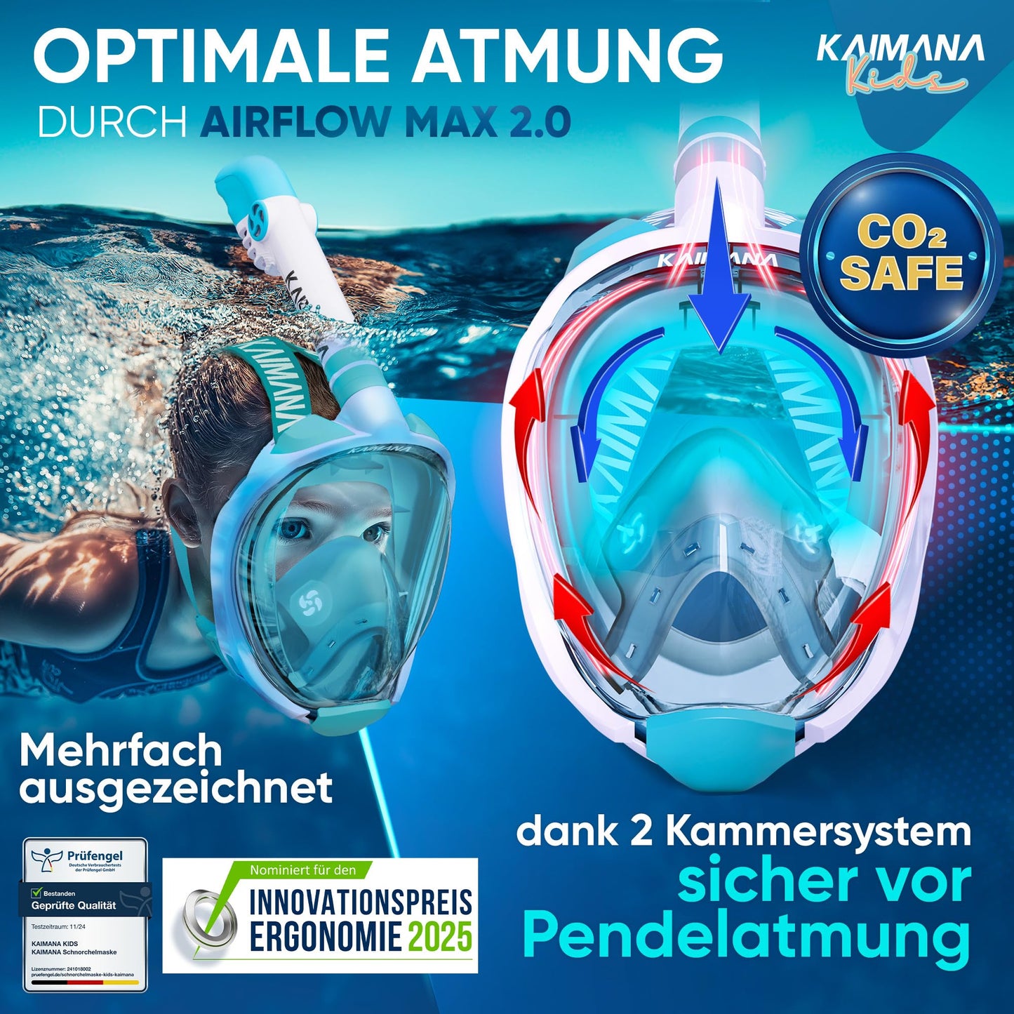Die Preisgekrönte KAIMANA® Schnorchelmaske für Erwachsene & Kinder - absolut CO2 sicher - inkl. Tragetasche - Tauchermaske Erwachsene - Vollgesichtsmaske Tauchmaske