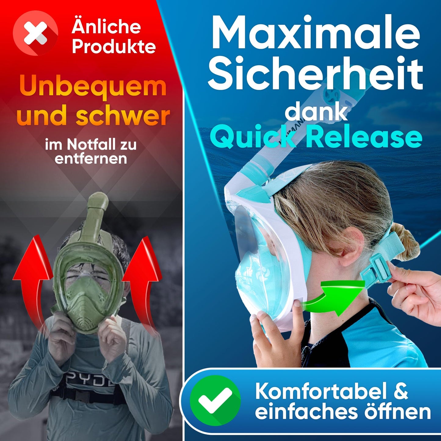 Die Preisgekrönte KAIMANA® Schnorchelmaske für Erwachsene & Kinder - absolut CO2 sicher - inkl. Tragetasche - Tauchermaske Erwachsene - Vollgesichtsmaske Tauchmaske
