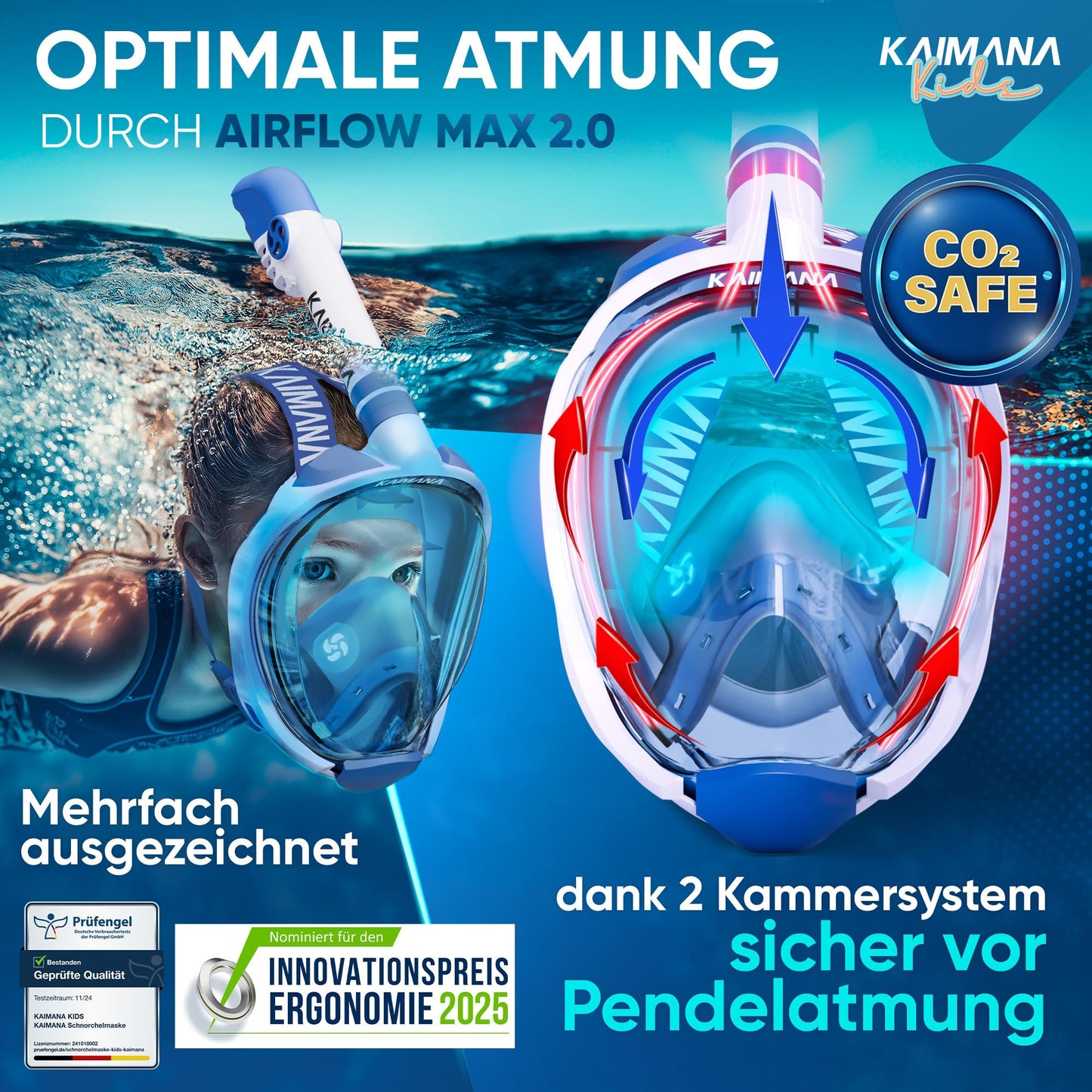 Die Preisgekrönte KAIMANA® Schnorchelmaske für Erwachsene & Kinder - absolut CO2 sicher - inkl. Tragetasche - Tauchermaske Erwachsene - Vollgesichtsmaske Tauchmaske